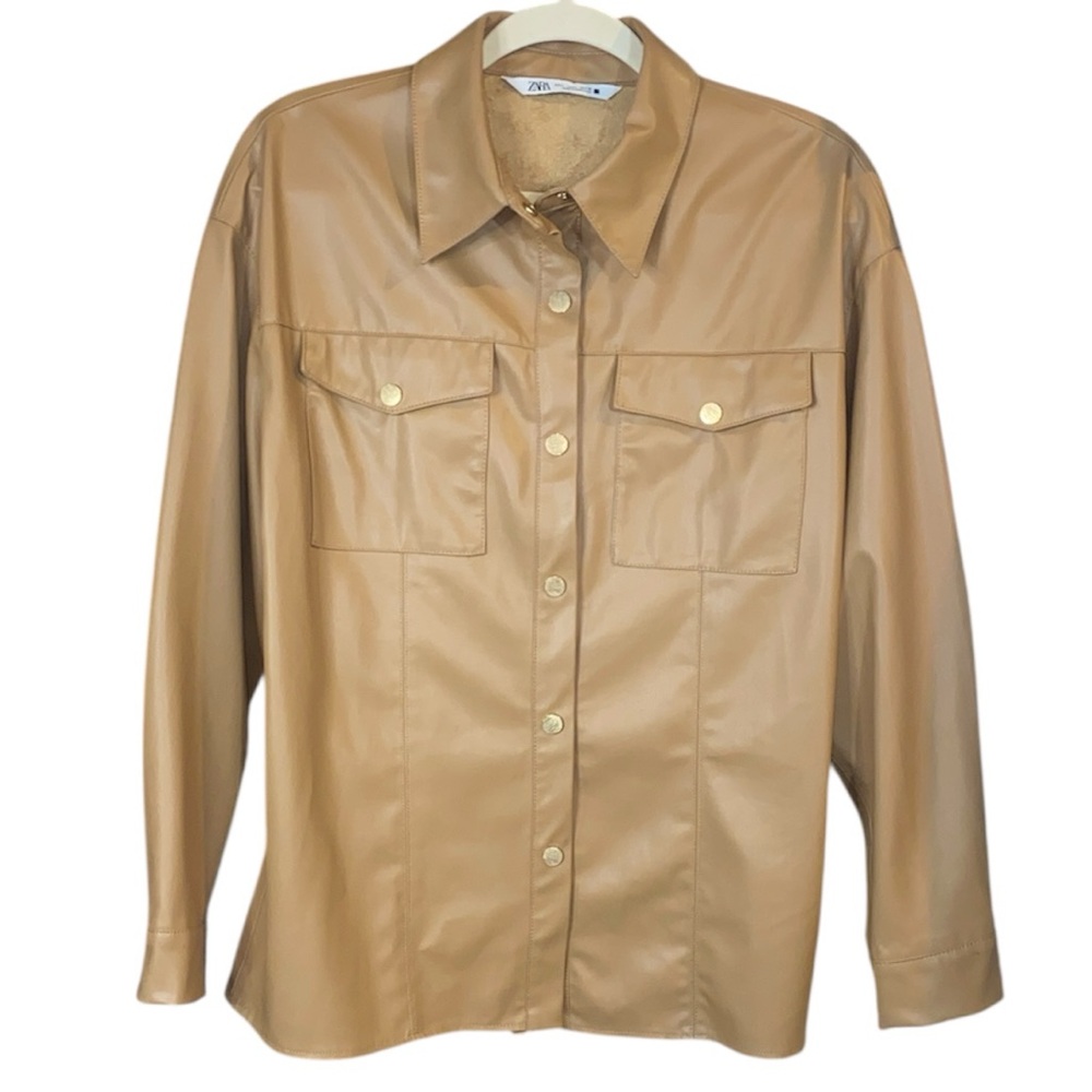 Zara Tan/Brown Faux Leather Oversized Button Down Jacket, Size Small